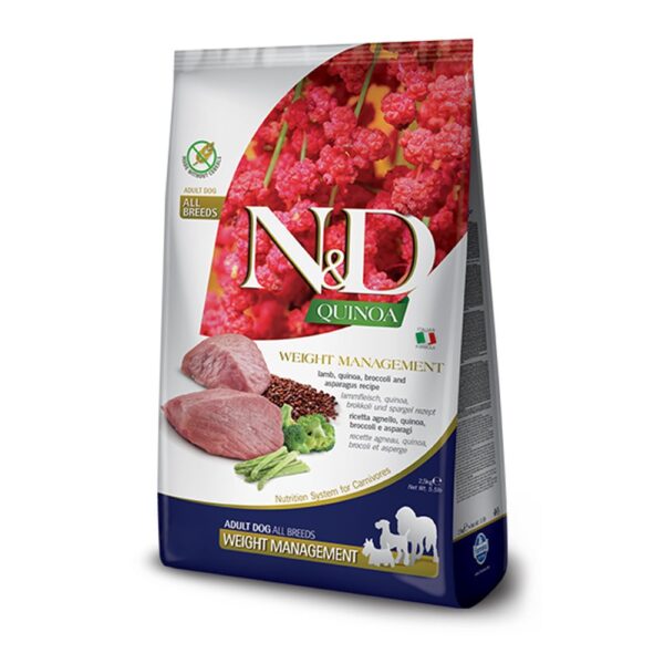 Πλήρης διαιτητική τροφή για σκύλους, που προτείνεται για τη μείωση του περιττού σωματικού βάρους N&D Dog Quinoa Weight Management Lamb, Broccoli & Asparagus pethappy