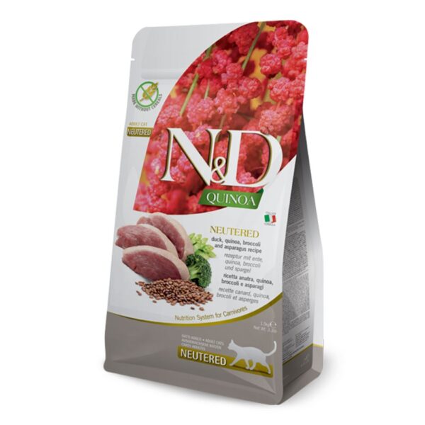 Η N&D Cat Neutered Duck & Quinoa Adult 0.3kg είναι ένα μια πλήρης τροφή για ενήλικες στειρωμένες γάτες.pethappy.gr